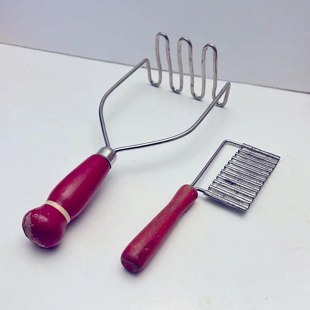Vintage Kitchen Utensils Painted Red Handles Potato Masher Wavey Kringle Cutter
